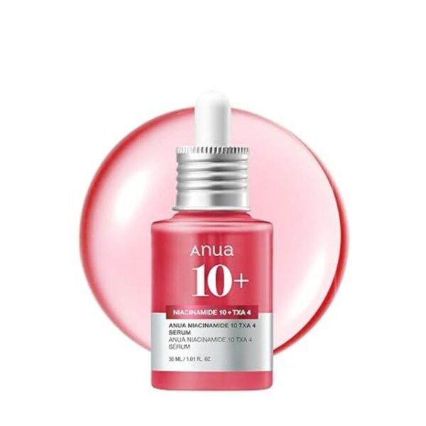 Bottle of ANUA Niacinamide 10% + TXA 4% Serum 30ml for brightening, dark spot correction, and smoother skin tone.