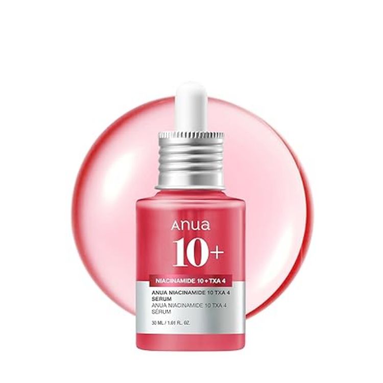Bottle of ANUA Niacinamide 10% + TXA 4% Serum 30ml for brightening, dark spot correction, and smoother skin tone.