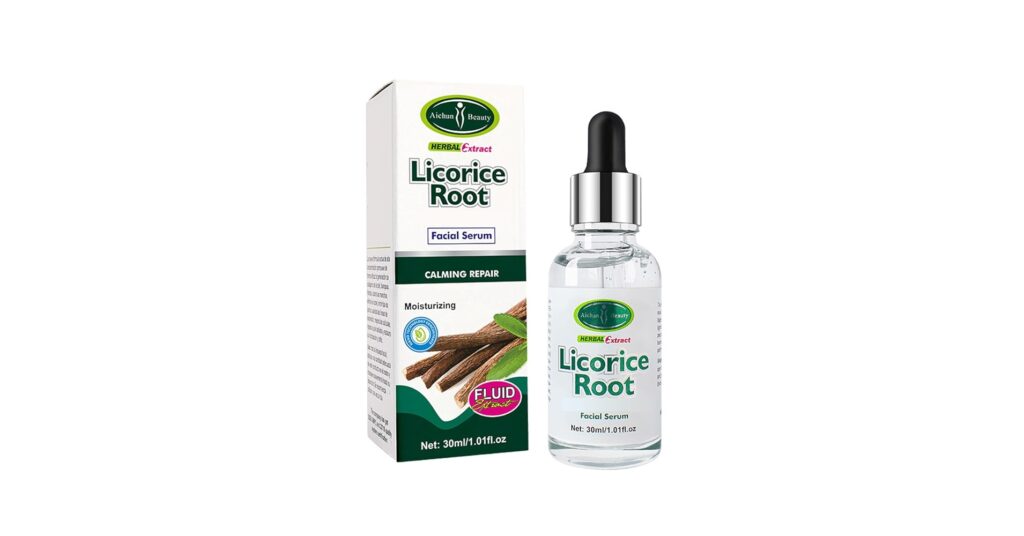 Bottle of Aichun Beauty Licorice Root Facial Serum 30 ml for brightening skin, fading dark spots, and soothing irritation.
