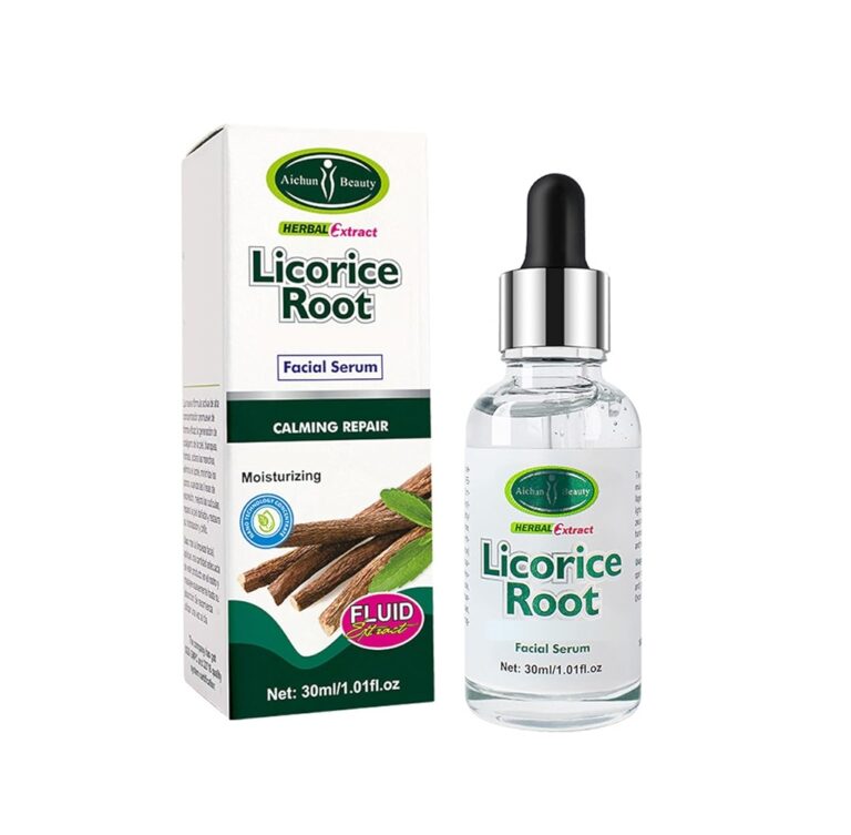 Bottle of Aichun Beauty Licorice Root Facial Serum 30 ml for brightening skin, fading dark spots, and soothing irritation.