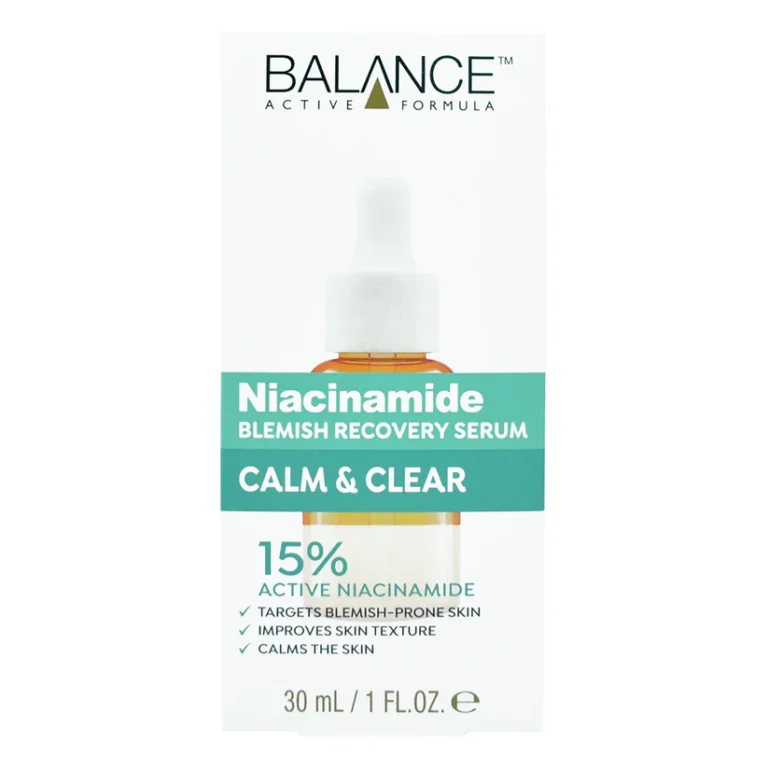 Balance Niacinamide Blemish Recovery Serum 30ml bottle designed to reduce blemishes, control oil, and improve skin texture.