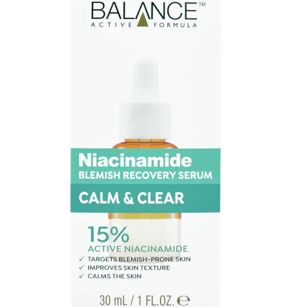 Balance Niacinamide Blemish Recovery Serum 30ml bottle designed to reduce blemishes, control oil, and improve skin texture.