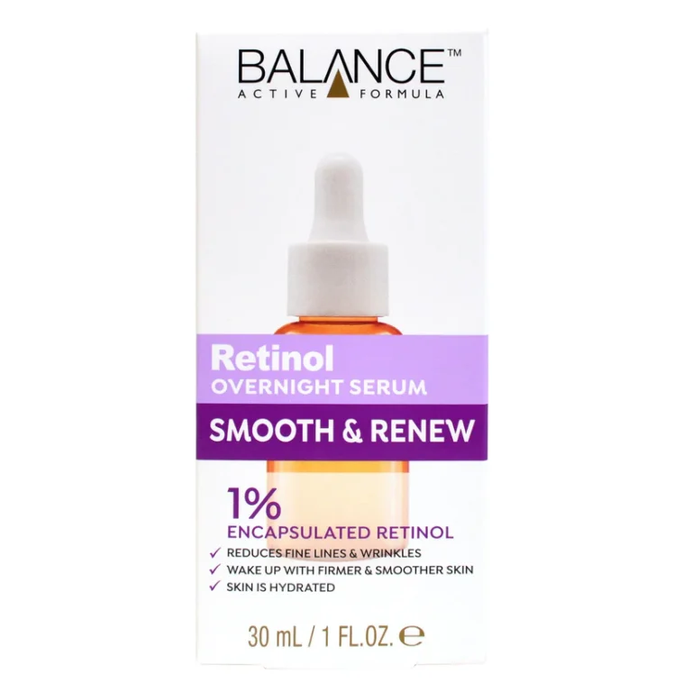 Balance Retinol Overnight Serum 30ml bottle formulated with retinol to reduce wrinkles, refine texture, and boost overnight renewal.