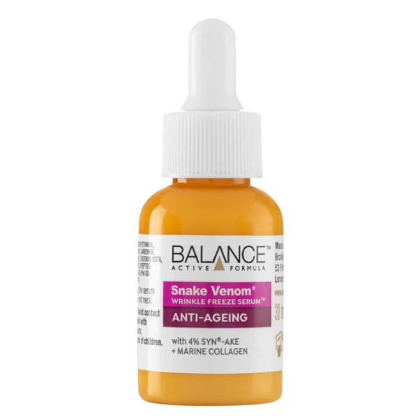 Balance Snake Venom Serum bottle designed to reduce fine lines, wrinkles, and promote smoother, youthful-looking skin.