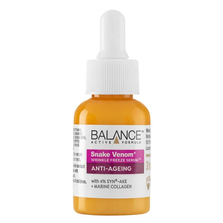 Balance Snake Venom Serum bottle designed to reduce fine lines, wrinkles, and promote smoother, youthful-looking skin.