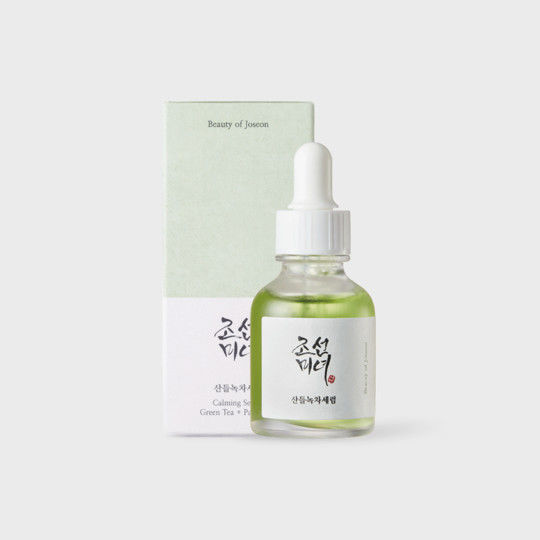 Bottle of Beauty of Joseon Calming Serum Green Tea + Panthenol 30ml, for soothing redness, strengthening barrier, and calming sensitive skin.
