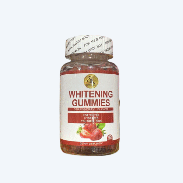 Bottle of SK Whitening Gummies Strawberry Flavor designed to brighten skin, reduce dark spots, and enhance glow.