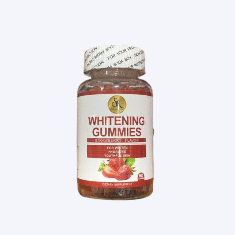 Bottle of SK Whitening Gummies Strawberry Flavor designed to brighten skin, reduce dark spots, and enhance glow.