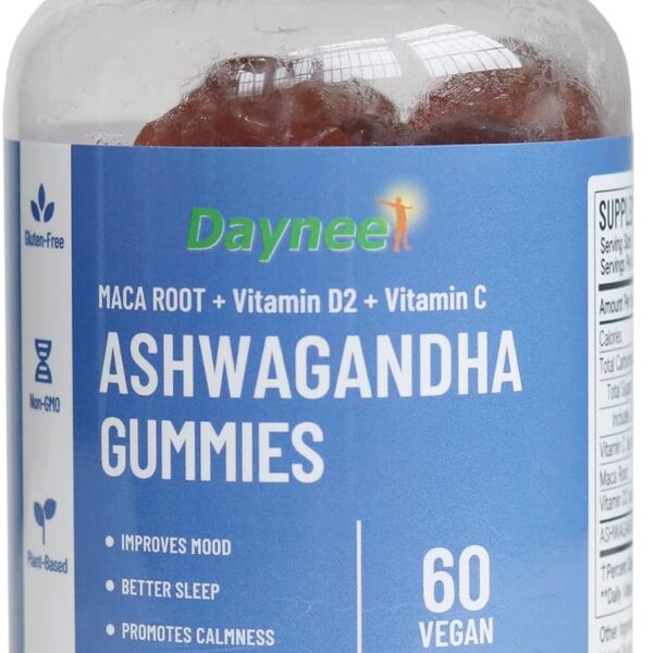 Bottle of Daynee Ashwagandha Gummies designed to support stress relief, focus, energy balance, and overall wellness