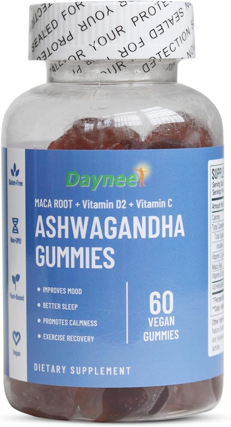 Bottle of Daynee Ashwagandha Gummies designed to support stress relief, focus, energy balance, and overall wellness