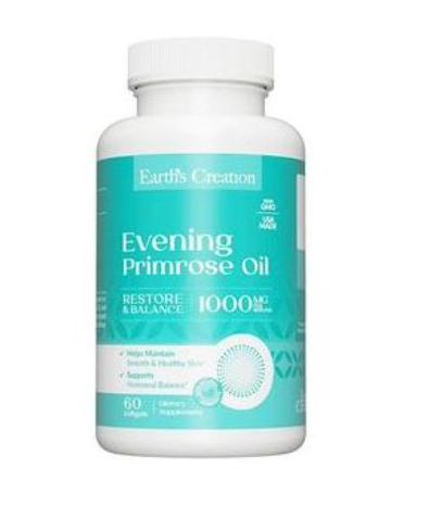 Earth’s Creation Evening Primrose oil softgels designed to support women’s hormonal balance, skin hydration, and overall health
