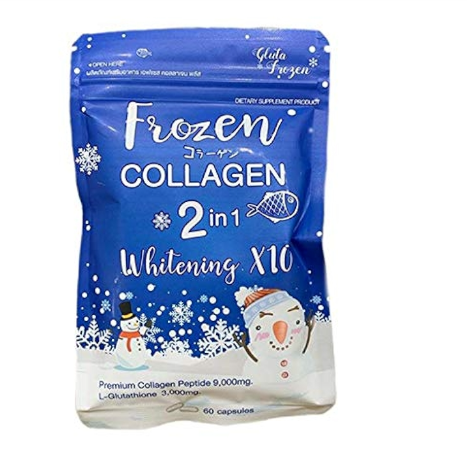 Bottle of Frozen Collagen 2-in-1 Whitening capsules featuring collagen peptides, glutathione, vitamin C, and CoQ10.