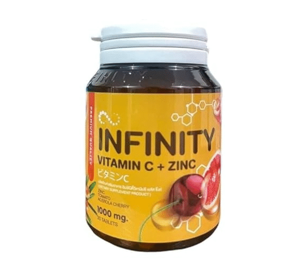 Bottle of Infinity Vitamin C + Zinc 1000 mg chewable tablets featuring berry and fruit extracts for immune and skin support.