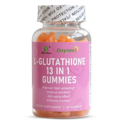 Bottle of Daynee L-Glutathione 13-in-1 Gummies for skin brightening, collagen support, and antioxidant protection.