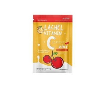 Bottle of Lachel Vitamin C capsules featuring acerola cherry, vitamin C, rosehip, and carrot extracts for skin glow and scar reduction.