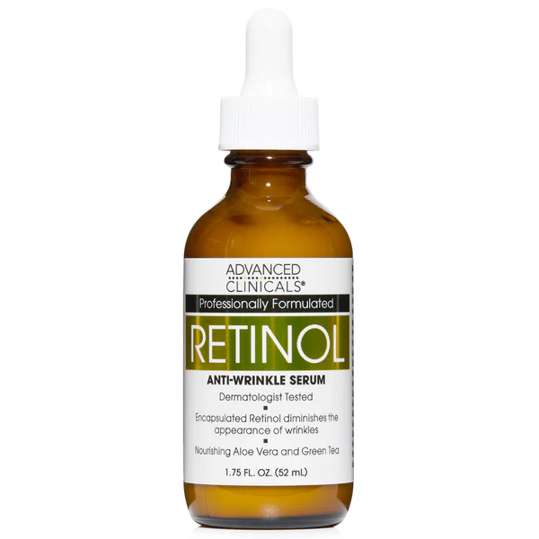 Bottle of Advanced Clinicals Retinol Anti-Wrinkle Serum 52ml with retinol, aloe, green tea for smoothing wrinkles and brightening skin.