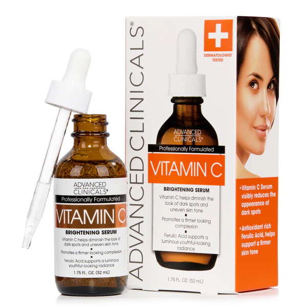 Bottle of Advanced Clinicals Vitamin C Anti-Aging Serum 52 ml with Vitamin C, Ferulic Acid, and peptides.