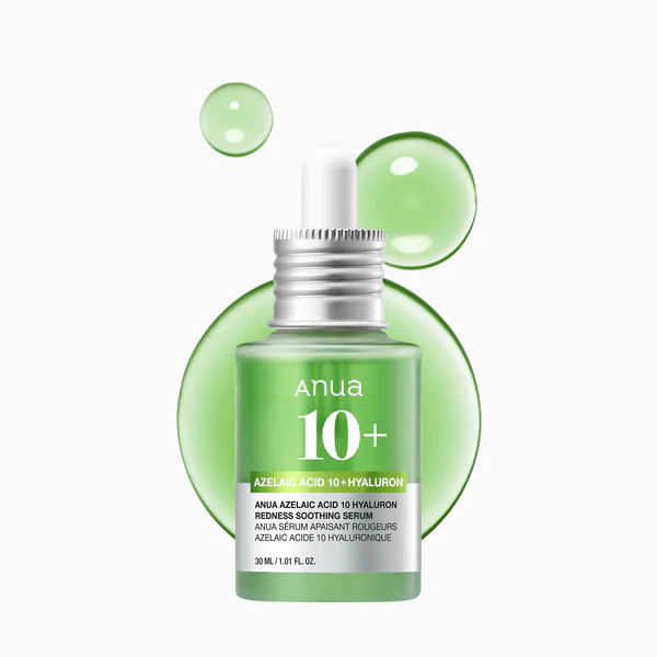 Bottle of ANUA Azelaic Acid 10% + Hyaluron Soothing Serum 30ml for redness relief, hydration, and even skin tone.