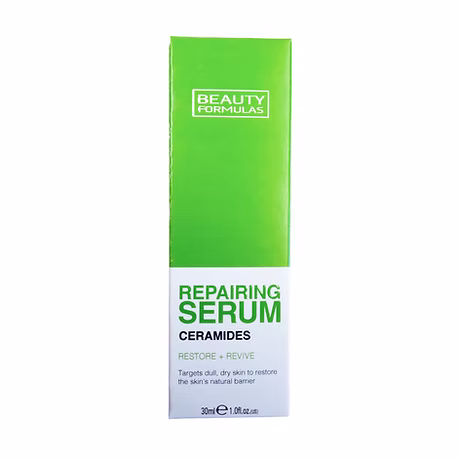Beauty Formulas Repairing Serum with Ceramides 30ml bottle for skin barrier repair, hydration, and soothing dry or irritated skin.