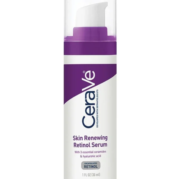 30ml bottle of CeraVe Skin Renewing Retinol Serum with encapsulated retinol, ceramides, hyaluronic acid, and niacinamide to reduce wrinkles and improve texture.