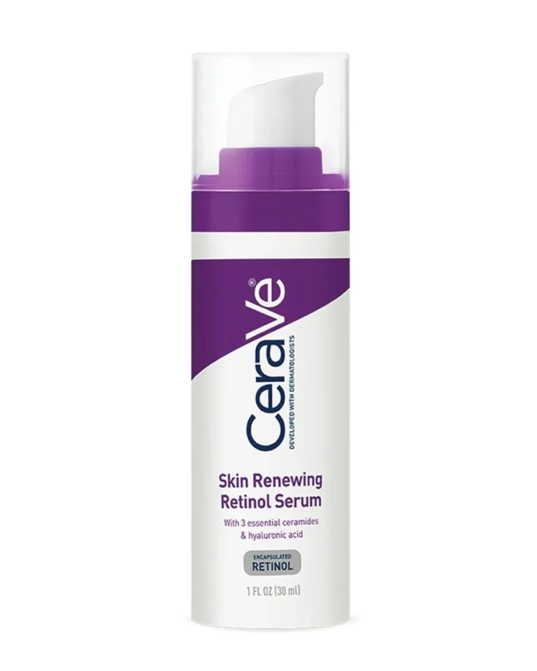 30ml bottle of CeraVe Skin Renewing Retinol Serum with encapsulated retinol, ceramides, hyaluronic acid, and niacinamide to reduce wrinkles and improve texture.