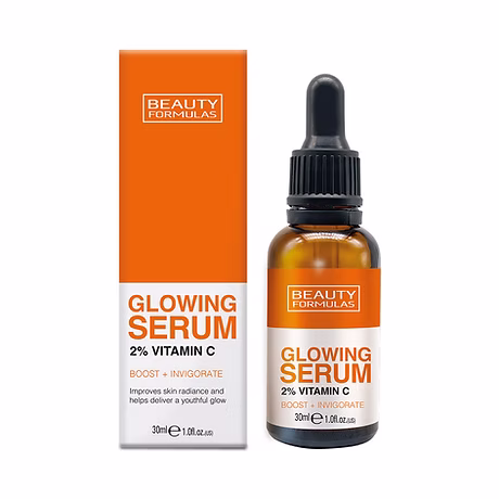 Beauty Formulas Glowing Serum 30ml bottle designed to brighten dull skin, hydrate deeply, and boost radiance.