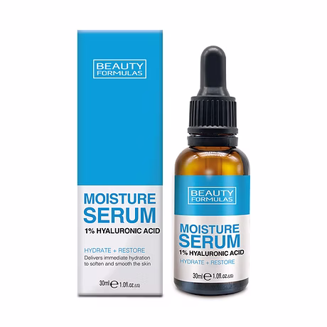 Bottle of Beauty Formulas Moisture Serum 1% Hyaluronic Acid 30ml for deep hydration, smoothing, and soothing skin.