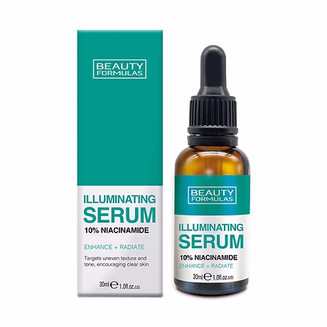 Bottle of Beauty Formulas Illuminating Serum 10% Niacinamide 30ml for brightening, dark spot fading, and even skin tone.