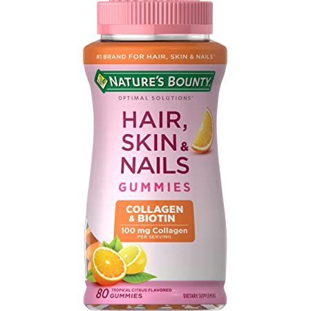 Bottle of Nature’s Bounty Collagen Biotin supplement for skin, hair, and nail health.