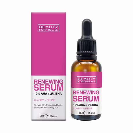 Beauty Formulas Renewing Serum 10% AHA + 2% BHA 30ml bottle, exfoliating serum to brighten skin and unclog pores.