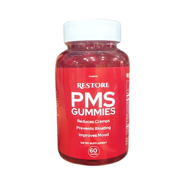 Bottle of Restore PMS Gummies designed to ease cramps, bloating, and mood swings while supporting women’s hormonal balance